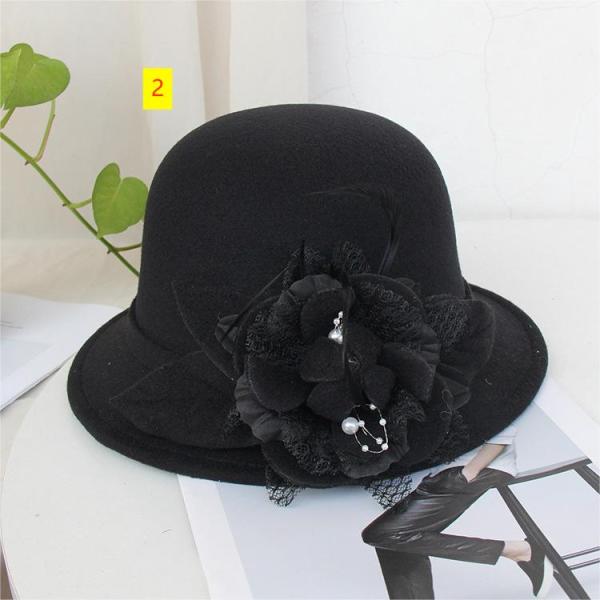 Fisherman's hat Female British vintage feather flower wool top hat Korean version Elegant celebrity felt hat Pot hat