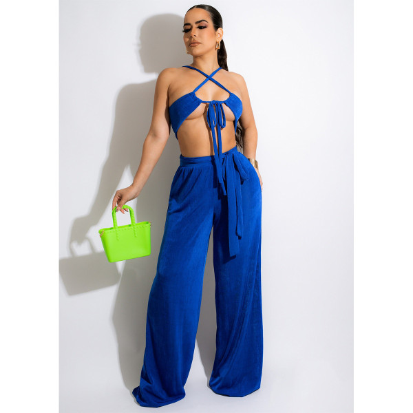 Women's solid color Korean velvet bra vest wide leg trousers two-piece top can be worn both front and back