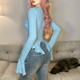 Solid color sexy slim long-sleeved V-neck single-breasted cardigan T-shirt