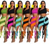 Women's contrast tassels sexy two-piece summer patchwork bra skirt