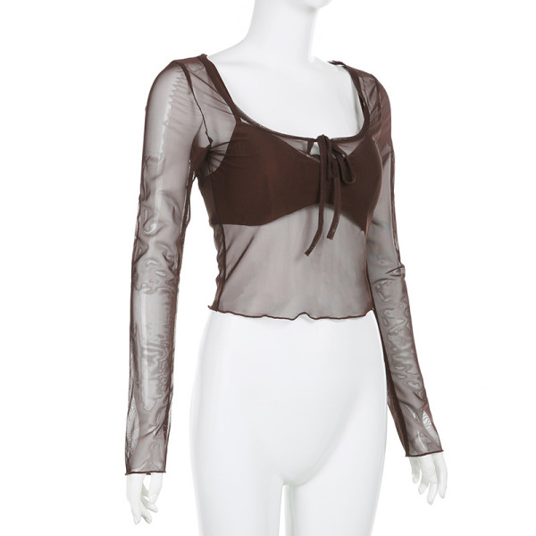 Women's perspective sexy ultra-short chest hollowed-out lace up light mature mesh top
