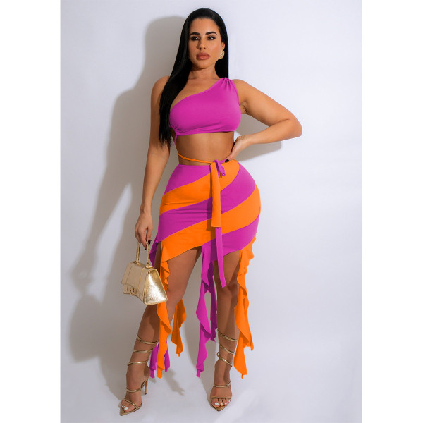 Women's contrast tassels sexy two-piece summer patchwork bra skirt