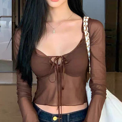 Women's perspective sexy ultra-short chest hollowed-out lace up light mature mesh top