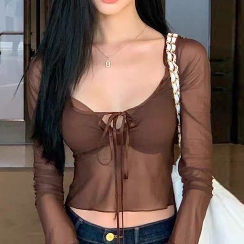 Women's perspective sexy ultra-short chest hollowed-out lace up light mature mesh top