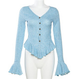 Solid color sexy slim long-sleeved V-neck single-breasted cardigan T-shirt
