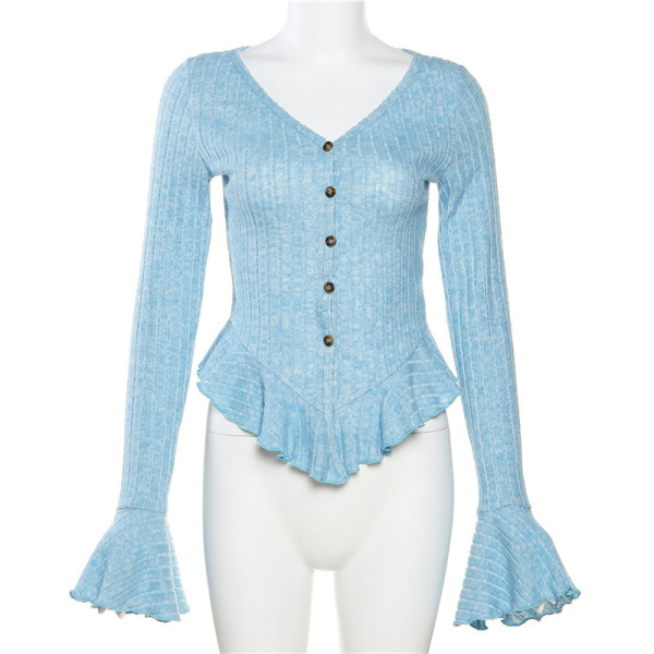 Solid color sexy slim long-sleeved V-neck single-breasted cardigan T-shirt