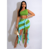 Women's contrast tassels sexy two-piece summer patchwork bra skirt