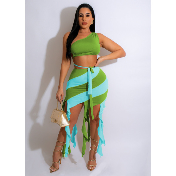 Women's contrast tassels sexy two-piece summer patchwork bra skirt