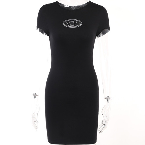 Sexy slim print short sleeve dress casual buttock skirt