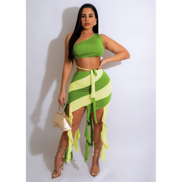 Women's contrast tassels sexy two-piece summer patchwork bra skirt