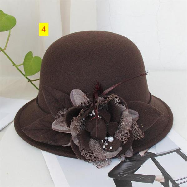 Fisherman's hat Female British vintage feather flower wool top hat Korean version Elegant celebrity felt hat Pot hat