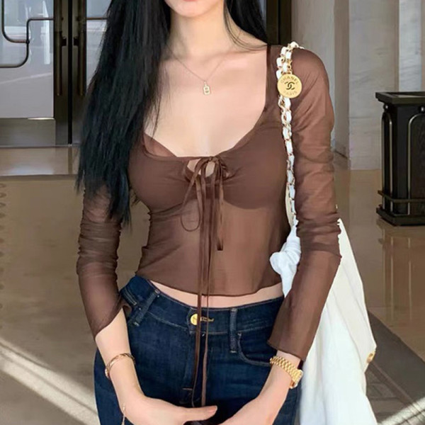 Women's perspective sexy ultra-short chest hollowed-out lace up light mature mesh top