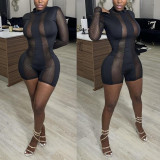 Sexy women's mesh perspective patchwork long-sleeved jumpsuit