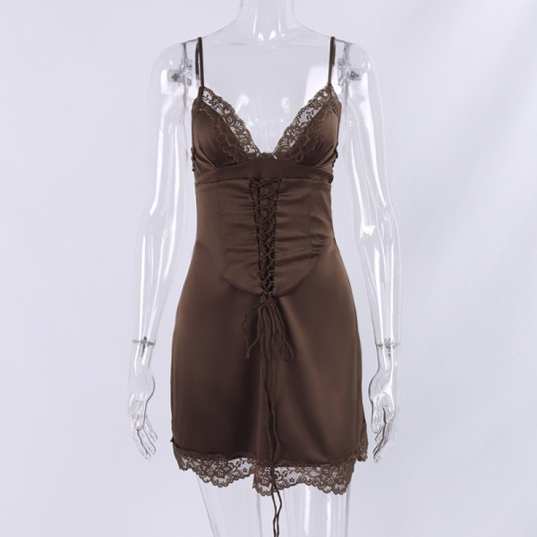 Sexy Satin Lace Patch V-Neck Lace-up Backless Dress