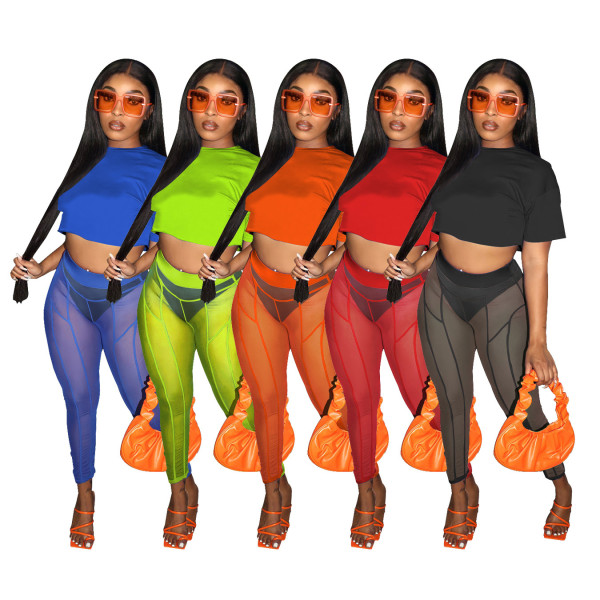 Women's T-shirt, gauze pants, two-piece sexy open-navel nightclub dress