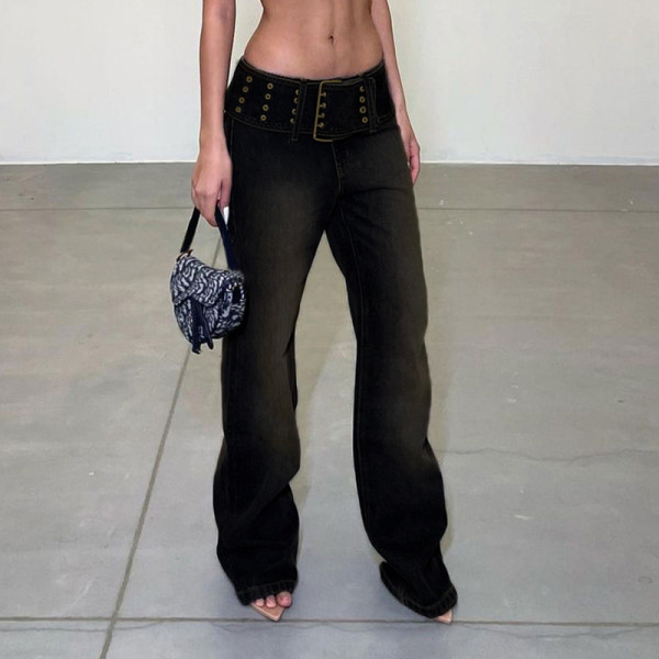 Washed, worn, white, low waist, large belt design jeans, hot girls, fashionable casual pants