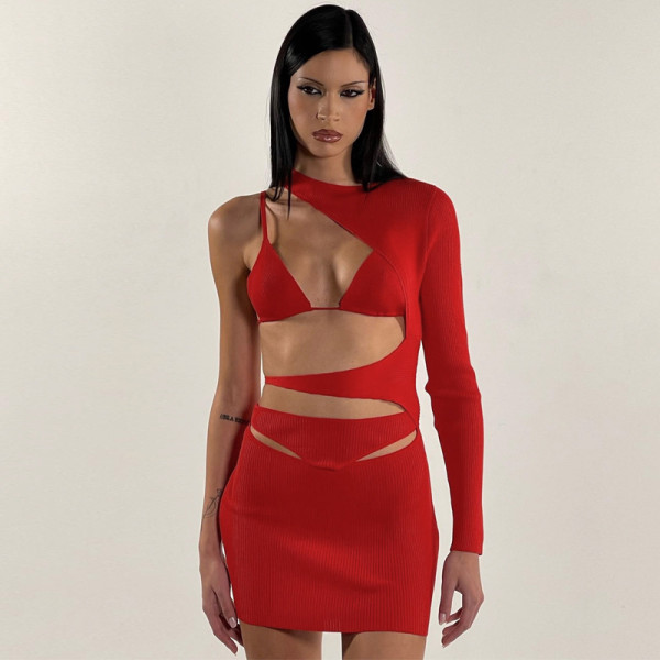 Sexy Spicy Girls Cut-out Slim Fit Waisted Solid Color Long Sleeve Wrapped Hip Dress