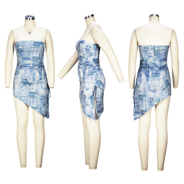 Sexy split bra imitation denim print dress pleated lace up irregular skirt