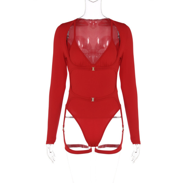 Solid color long-sleeved V-neck nightclub sexy cut-out bodysuit