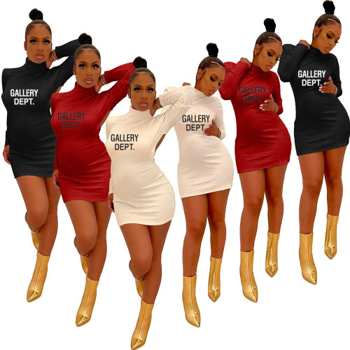 Printed high elastic cotton long-sleeved sexy backless nightclub dress