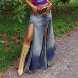 Vintage gradient color irregular split Royal Sister umbrella swing skirt high waist thin characteristic denim skirt