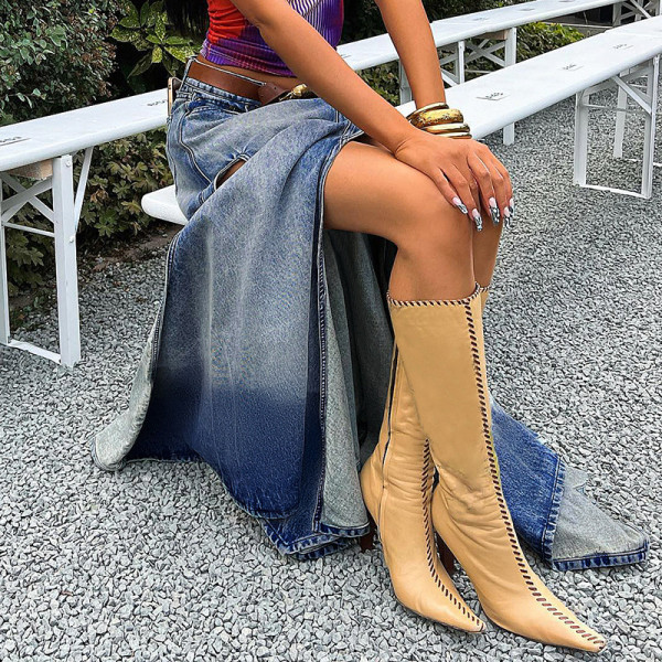Vintage gradient color irregular split Royal Sister umbrella swing skirt high waist thin characteristic denim skirt