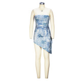Sexy split bra imitation denim print dress pleated lace up irregular skirt
