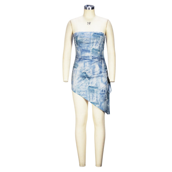 Sexy split bra imitation denim print dress pleated lace up irregular skirt