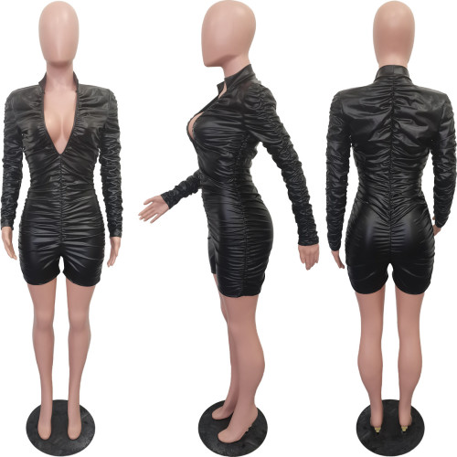 Solid color pleated high elastic PU leather jumpsuit