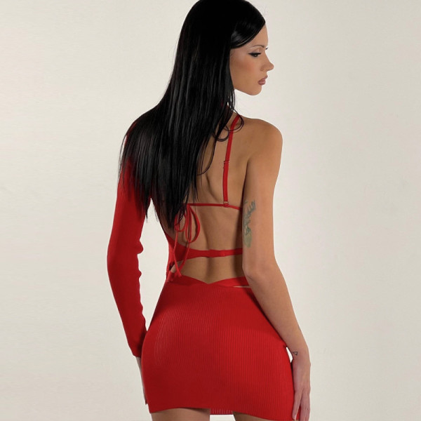 Sexy Spicy Girls Cut-out Slim Fit Waisted Solid Color Long Sleeve Wrapped Hip Dress