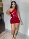 Sexy slim bright leather buttock knit wool one-shoulder short skirt two-piece set