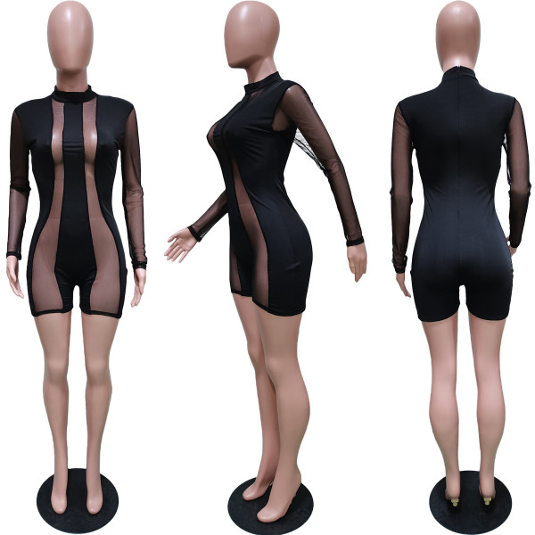 Sexy women's mesh perspective patchwork long-sleeved jumpsuit