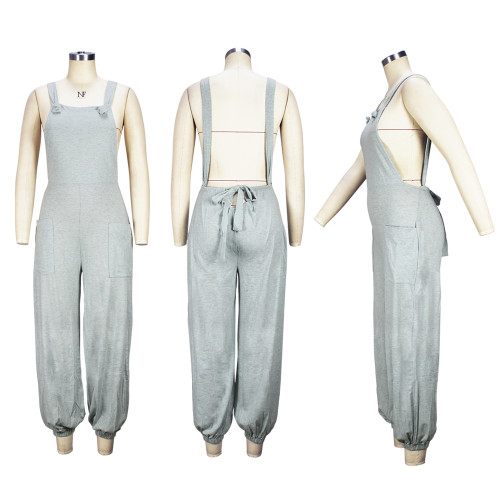 Lace-up sexy new women's dress solid color backless trend loose strap jumpsuit