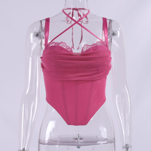 Pure desire mesh lace fishbone neck sling top