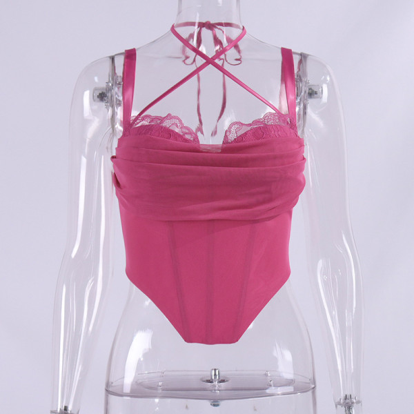 Pure desire mesh lace fishbone neck sling top