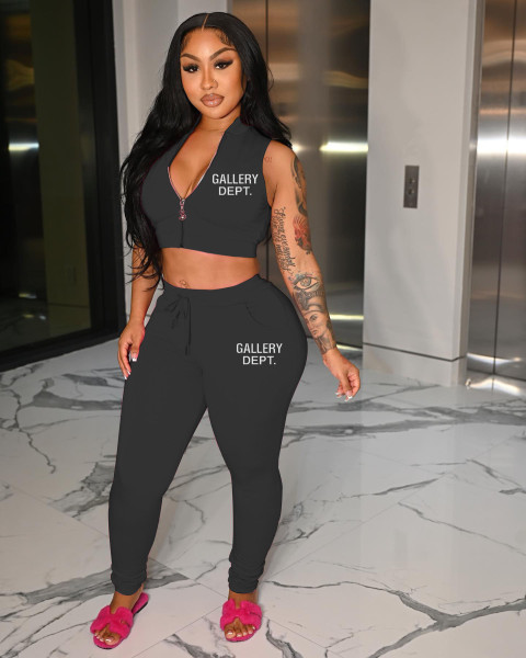 Women's letter printing casual zipper top and trousers two-piece set
