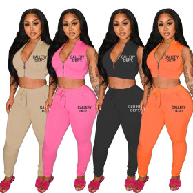 Women's letter printing casual zipper top and trousers two-piece set