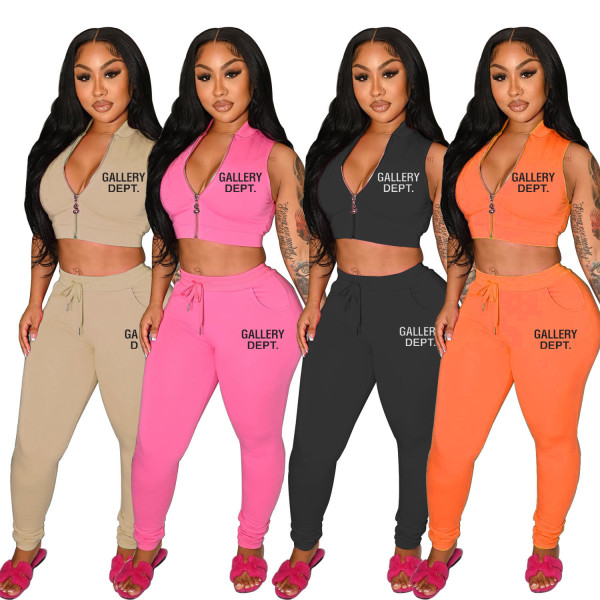 Women's letter printing casual zipper top and trousers two-piece set