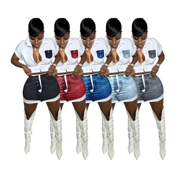 Women's personalized short-sleeved skirt two-piece patchwork pocket elastic digital print cover