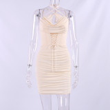 Fishbone dress mesh cut-out cross lace-up pleated backless mini skirt