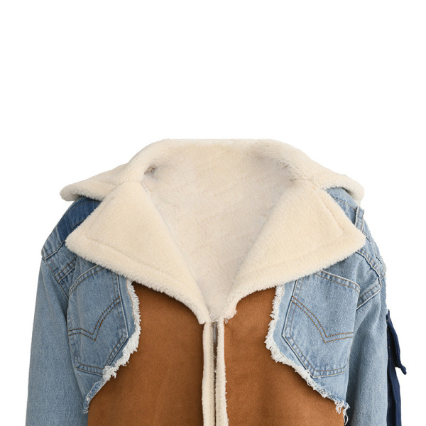 Plush denim patchwork coat winter lamb wool tank large lapel long thick cotton coat