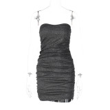 Fashion sexy V-neck bra with open back pleated dress