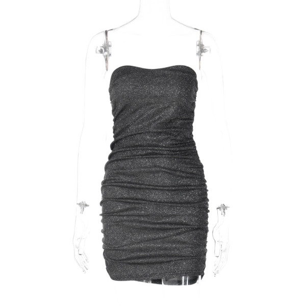 Fashion sexy V-neck bra with open back pleated dress