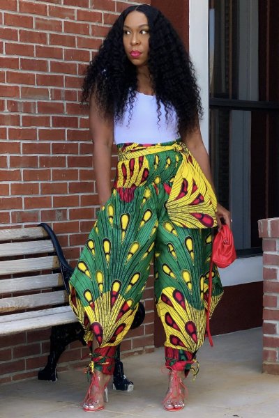 Women's pants positioning printing wide leg pants with tie and tie casual pants