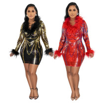 Fashion V-neck sequin buttock wrapped long-sleeved party dress