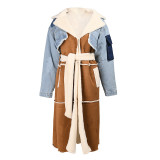 Plush denim patchwork coat winter lamb wool tank large lapel long thick cotton coat