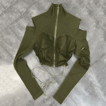 Small coat Women's new autumn stand collar off shoulder long sleeve hem drawcord fashion street top