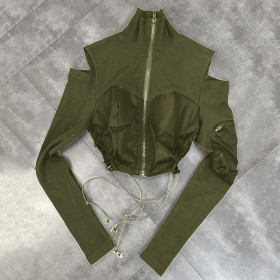 Small coat Women's new autumn stand collar off shoulder long sleeve hem drawcord fashion street top