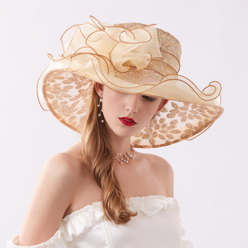 Large brim organza sandal, hot diamond flower sunshade hat, female summer seaside sunscreen sun hat, chiffon net hat
