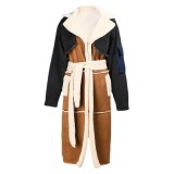 Plush denim patchwork coat winter lamb wool tank large lapel long thick cotton coat